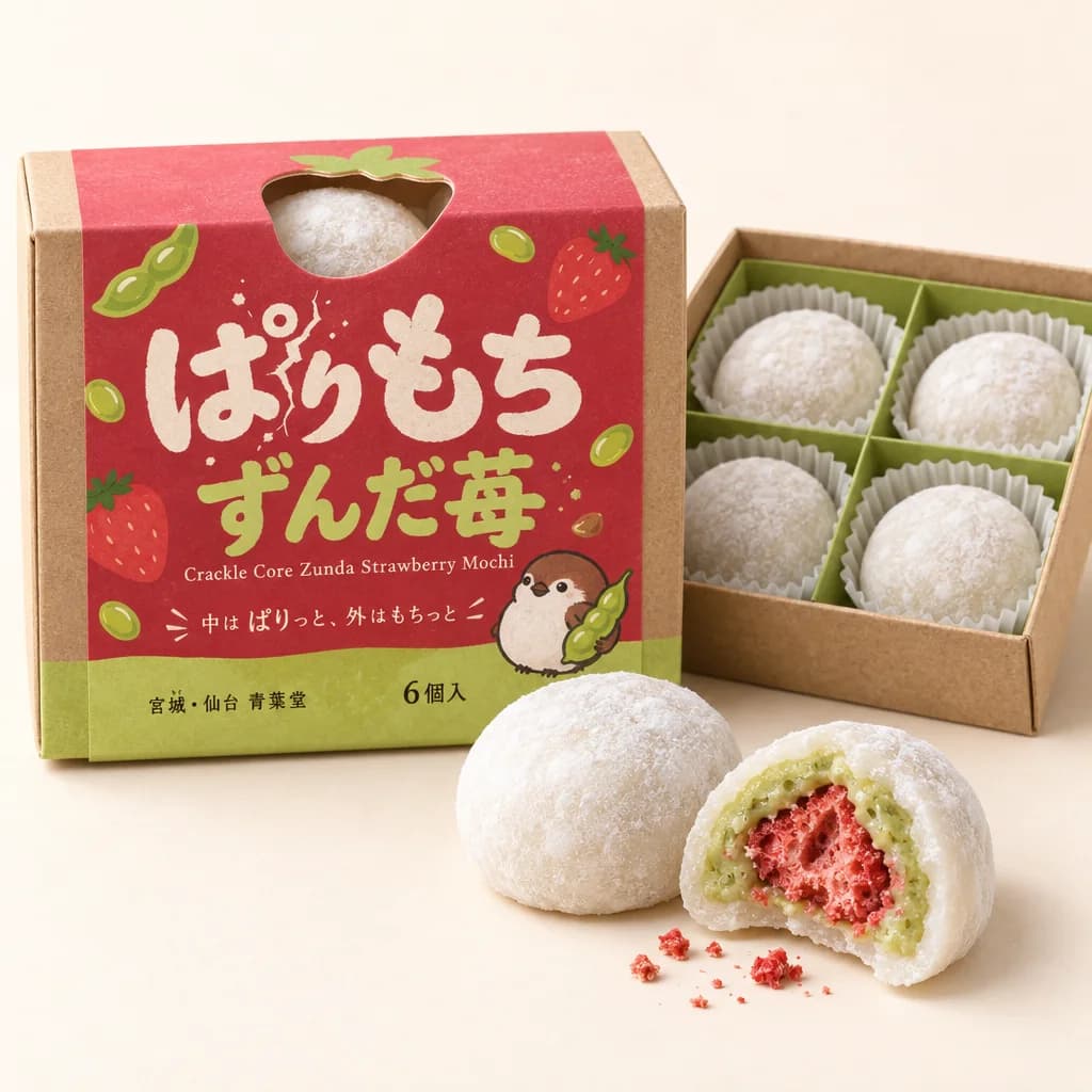 Crackle Core Zunda Strawberry Mochi (ぱりもち ずんだ苺) — package with a few pieces of the candy in front