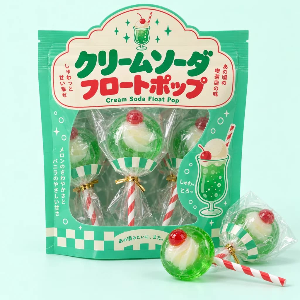 Cream Soda Float Pop (クリームソーダフロートポップ) — package with a few pieces of the candy in front