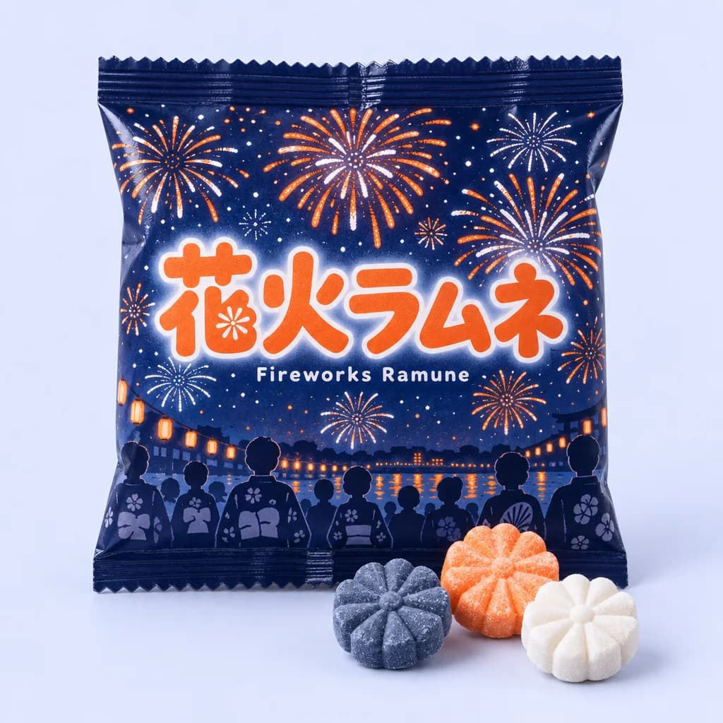 Fireworks Ramune (花火ラムネ) — package with a few pieces of the candy in front