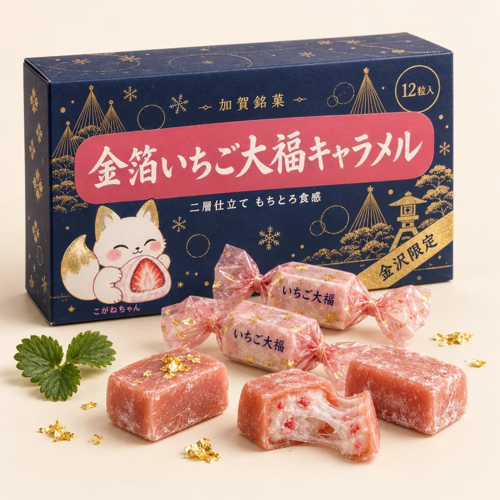 Gilded Strawberry Daifuku Caramel (金箔いちご大福キャラメル) — packshot rendered by GPT Image 2.5 Sunburst