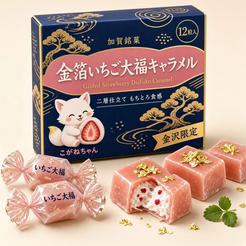 Gilded Strawberry Daifuku Caramel (金箔いちご大福キャラメル) — packshot rendered by Grok Imagine 2.0