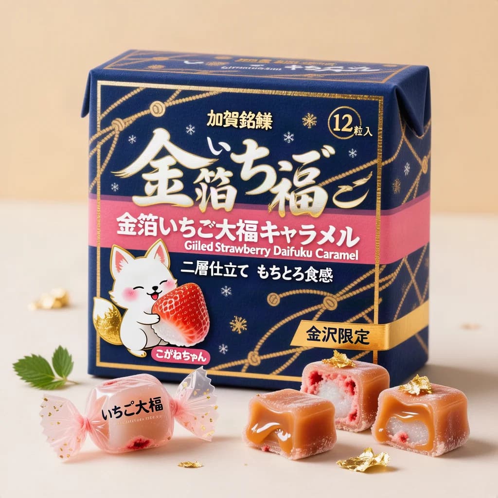 Gilded Strawberry Daifuku Caramel (金箔いちご大福キャラメル) — packshot rendered by HunyuanImage 3