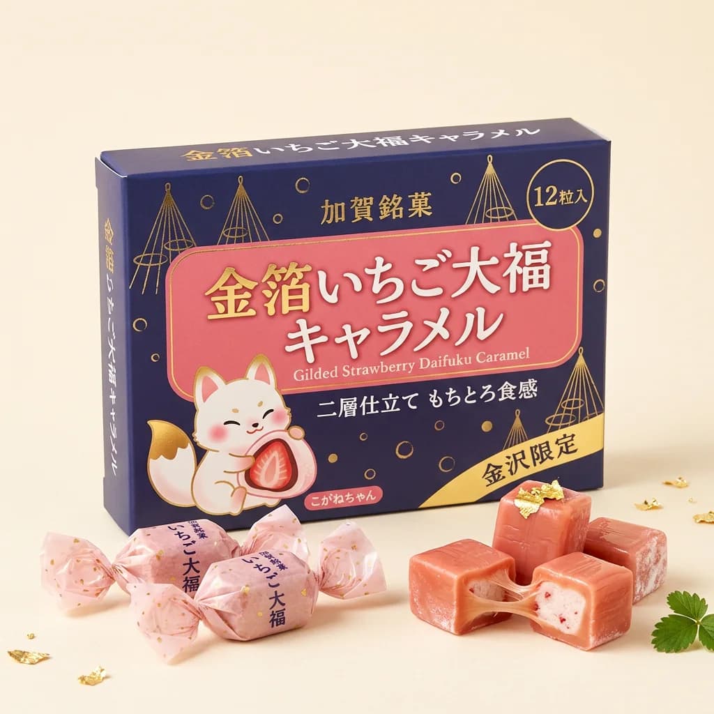 Gilded Strawberry Daifuku Caramel (金箔いちご大福キャラメル) — packshot rendered by Nano Banana 2