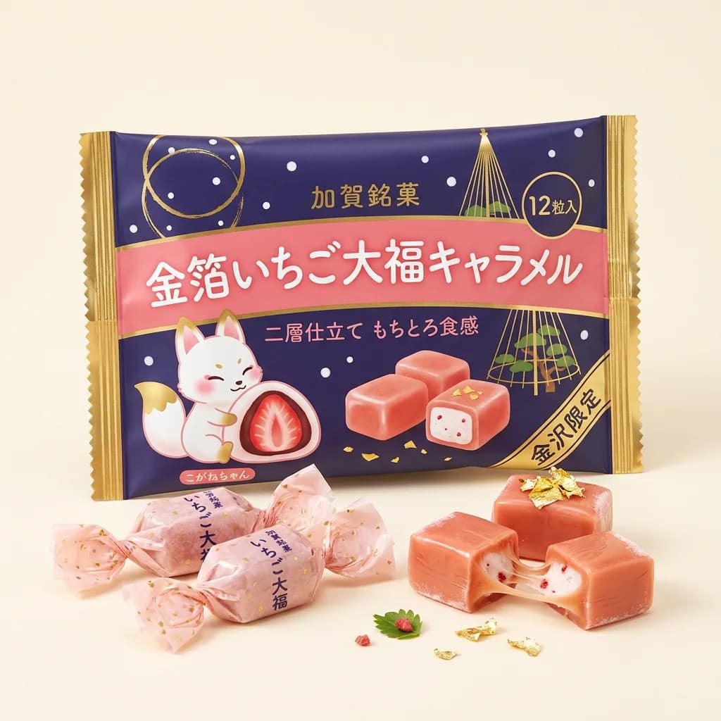 Gilded Strawberry Daifuku Caramel (金箔いちご大福キャラメル) — packshot rendered by Nano Banana Pro