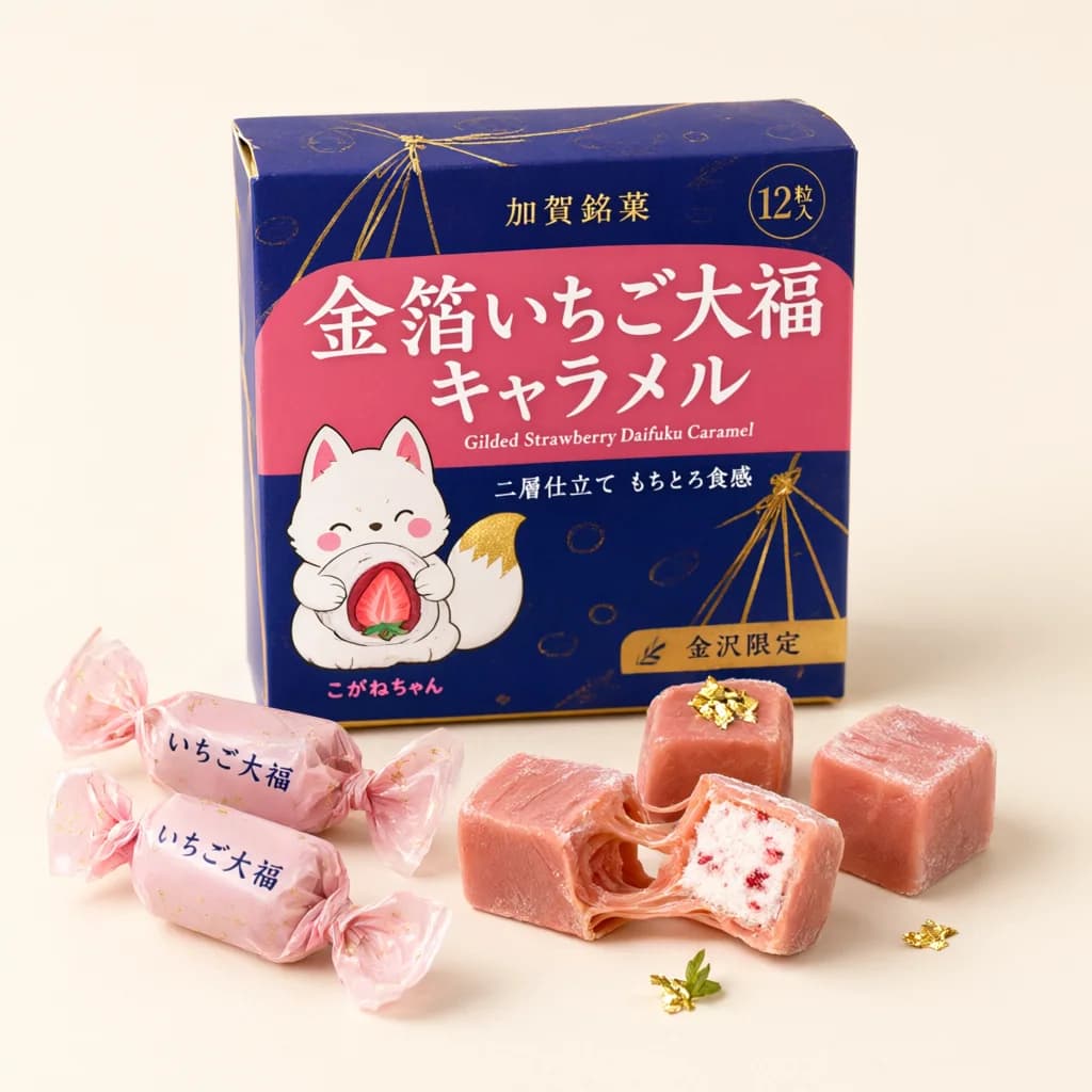 Gilded Strawberry Daifuku Caramel (金箔いちご大福キャラメル) — packshot rendered by Qwen Image 3