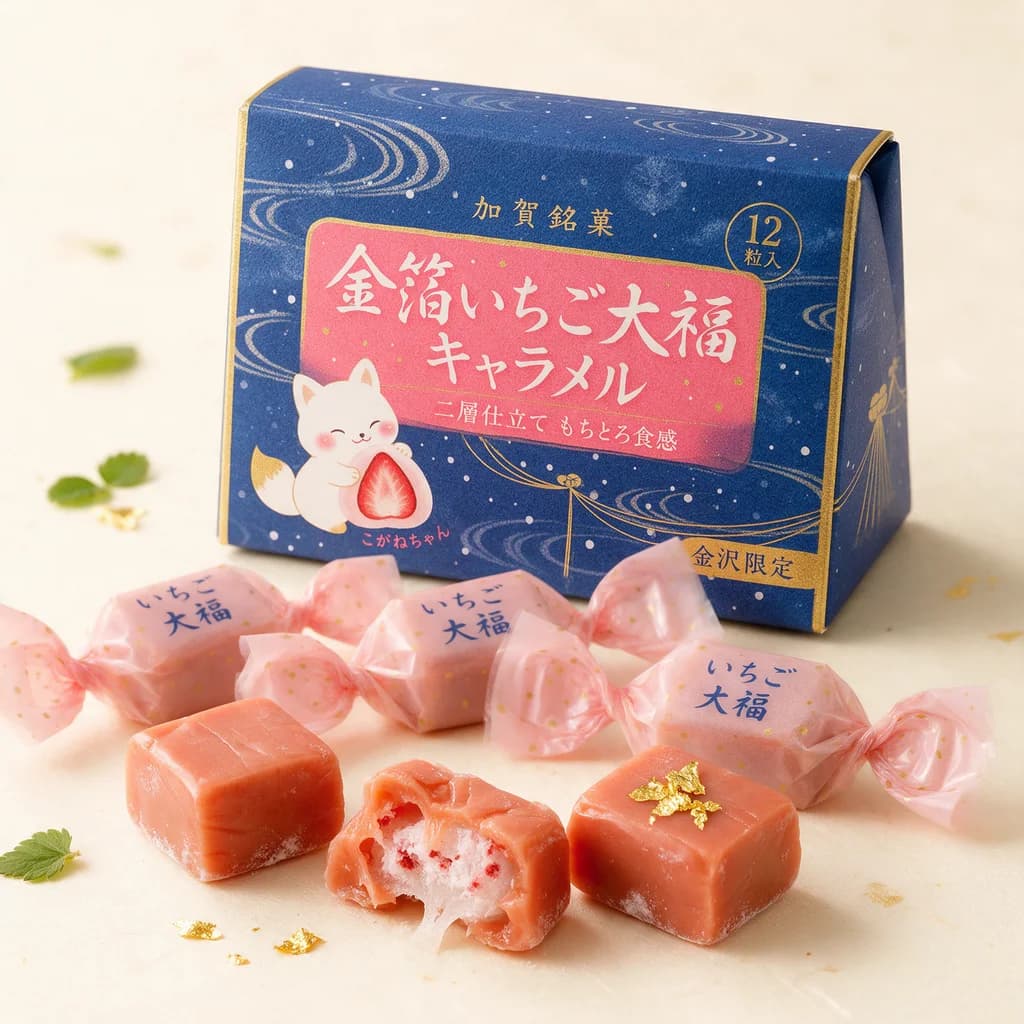 Gilded Strawberry Daifuku Caramel (金箔いちご大福キャラメル) — packshot rendered by Seedream 5.0 Pro