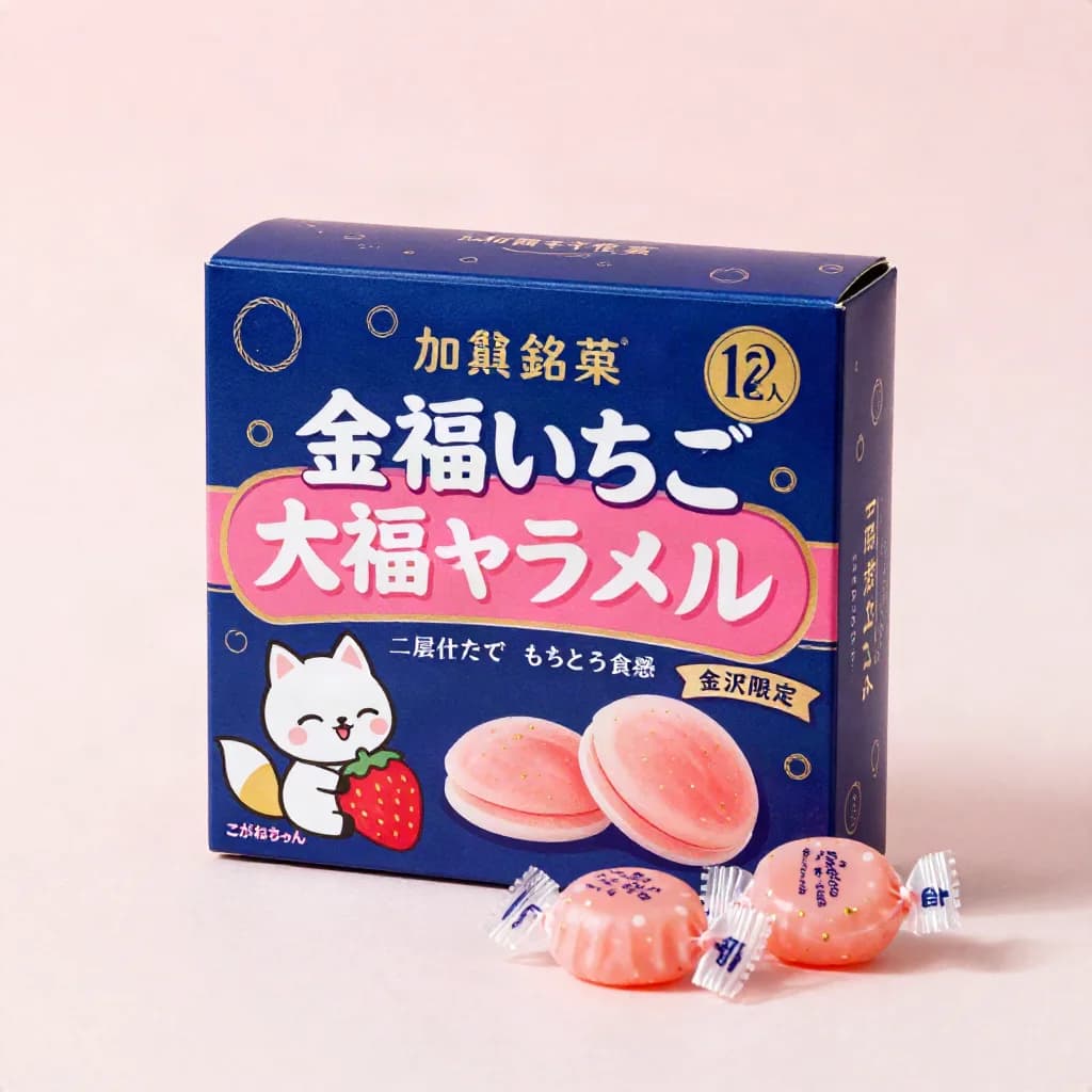 Gilded Strawberry Daifuku Caramel (金箔いちご大福キャラメル) — packshot rendered by Z-Image Turbo