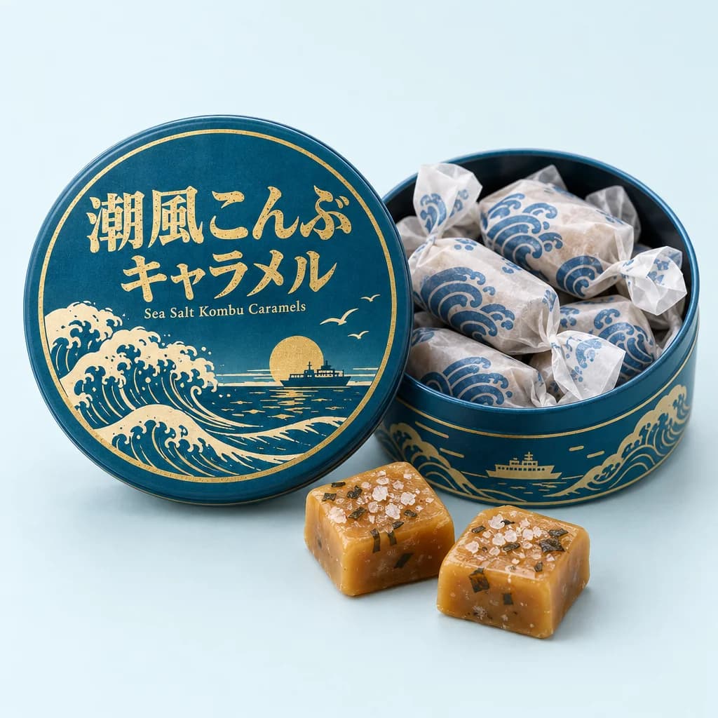 Sea Salt Kombu Caramels (潮風こんぶキャラメル) — package with a few pieces of the candy in front