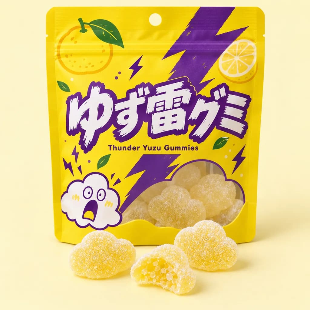 Thunder Yuzu Gummies (ゆず雷グミ) — package with a few pieces of the candy in front