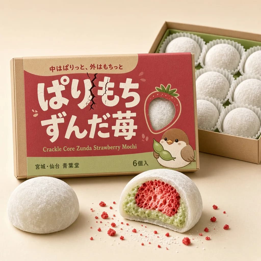Crackle Core Zunda Strawberry Mochi (ぱりもち ずんだ苺) — packshot rendered by Grok Imagine 2.0