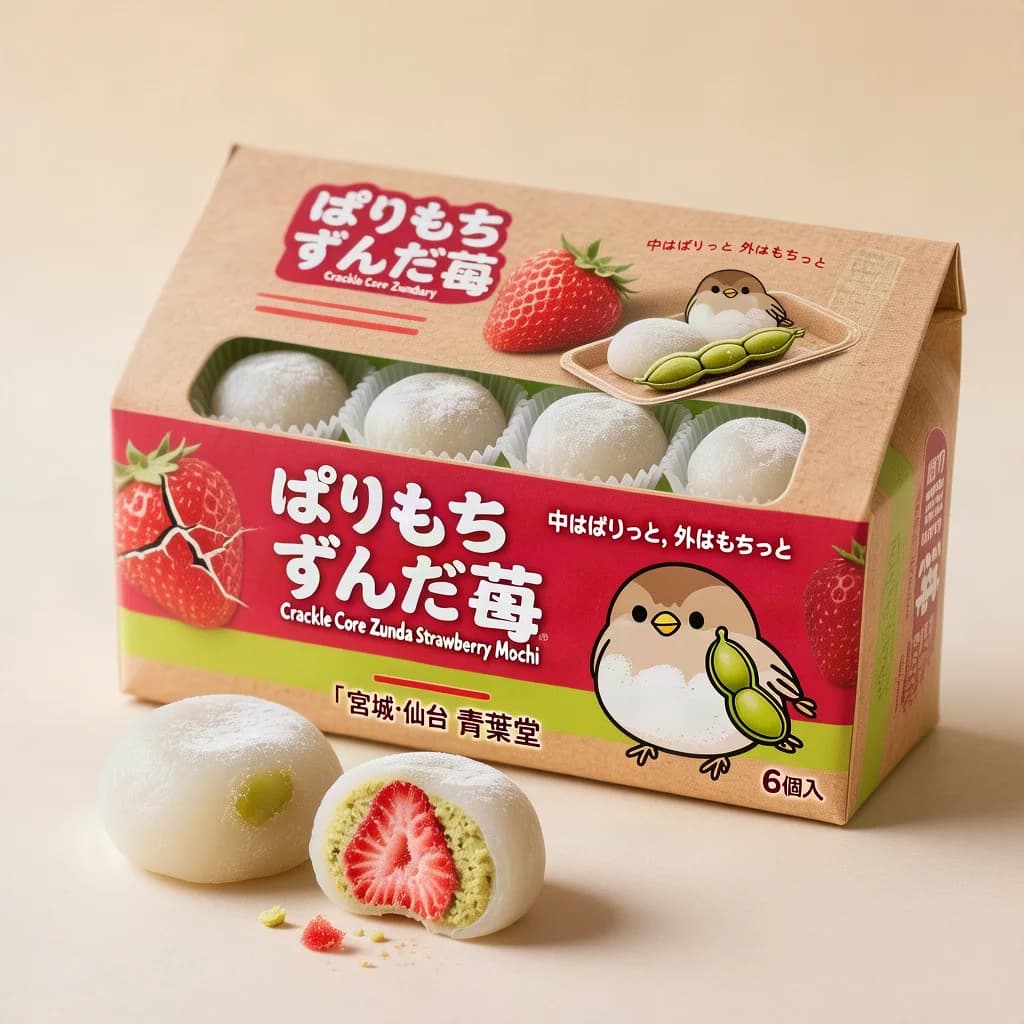 Crackle Core Zunda Strawberry Mochi (ぱりもち ずんだ苺) — packshot rendered by HunyuanImage 3