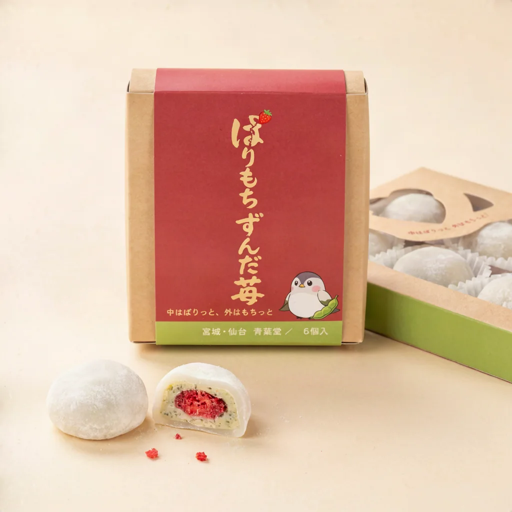 Crackle Core Zunda Strawberry Mochi (ぱりもち ずんだ苺) — packshot rendered by Ideogram V4