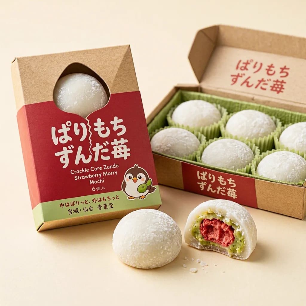 Crackle Core Zunda Strawberry Mochi (ぱりもち ずんだ苺) — packshot rendered by MAI Image 2.5 Pro
