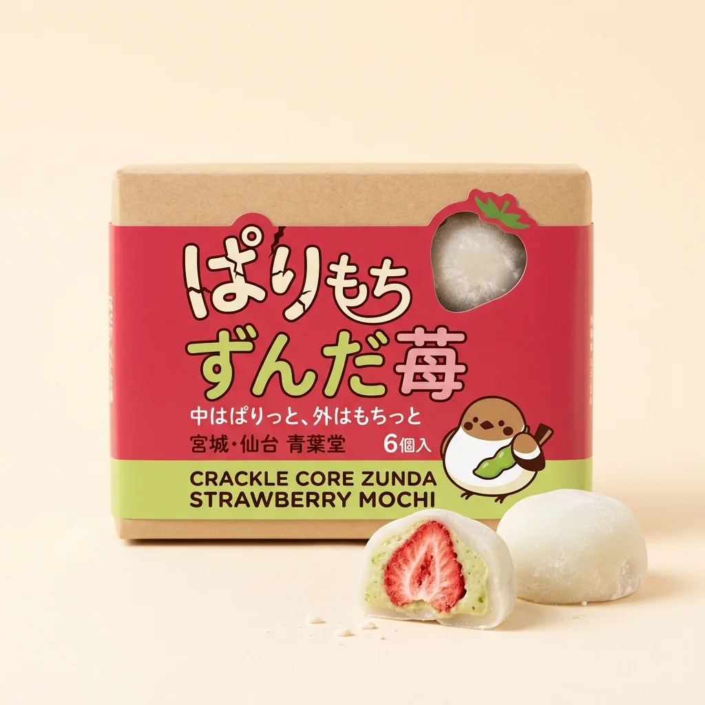 Crackle Core Zunda Strawberry Mochi (ぱりもち ずんだ苺) — packshot rendered by Nano Banana 2