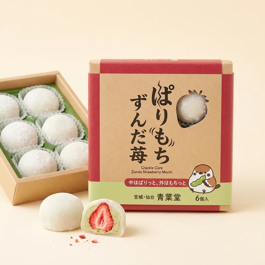Crackle Core Zunda Strawberry Mochi (ぱりもち ずんだ苺) — packshot rendered by Nano Banana Pro