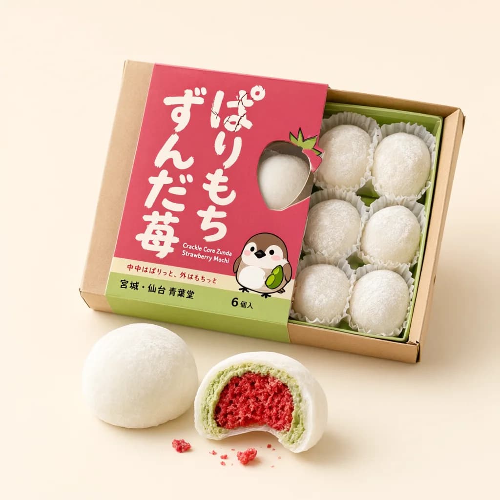 Crackle Core Zunda Strawberry Mochi (ぱりもち ずんだ苺) — packshot rendered by Qwen Image 3