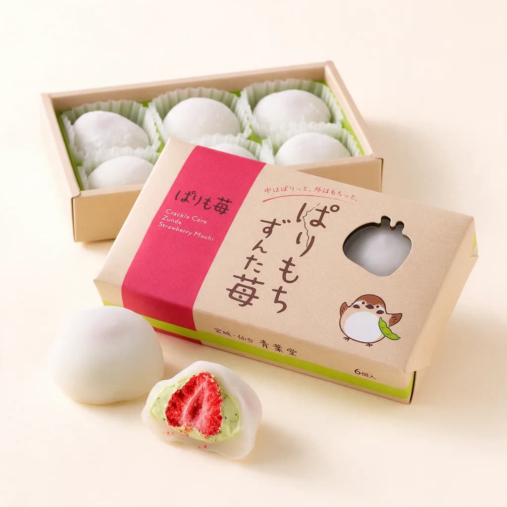 Crackle Core Zunda Strawberry Mochi (ぱりもち ずんだ苺) — packshot rendered by Seedream 5.0 Pro