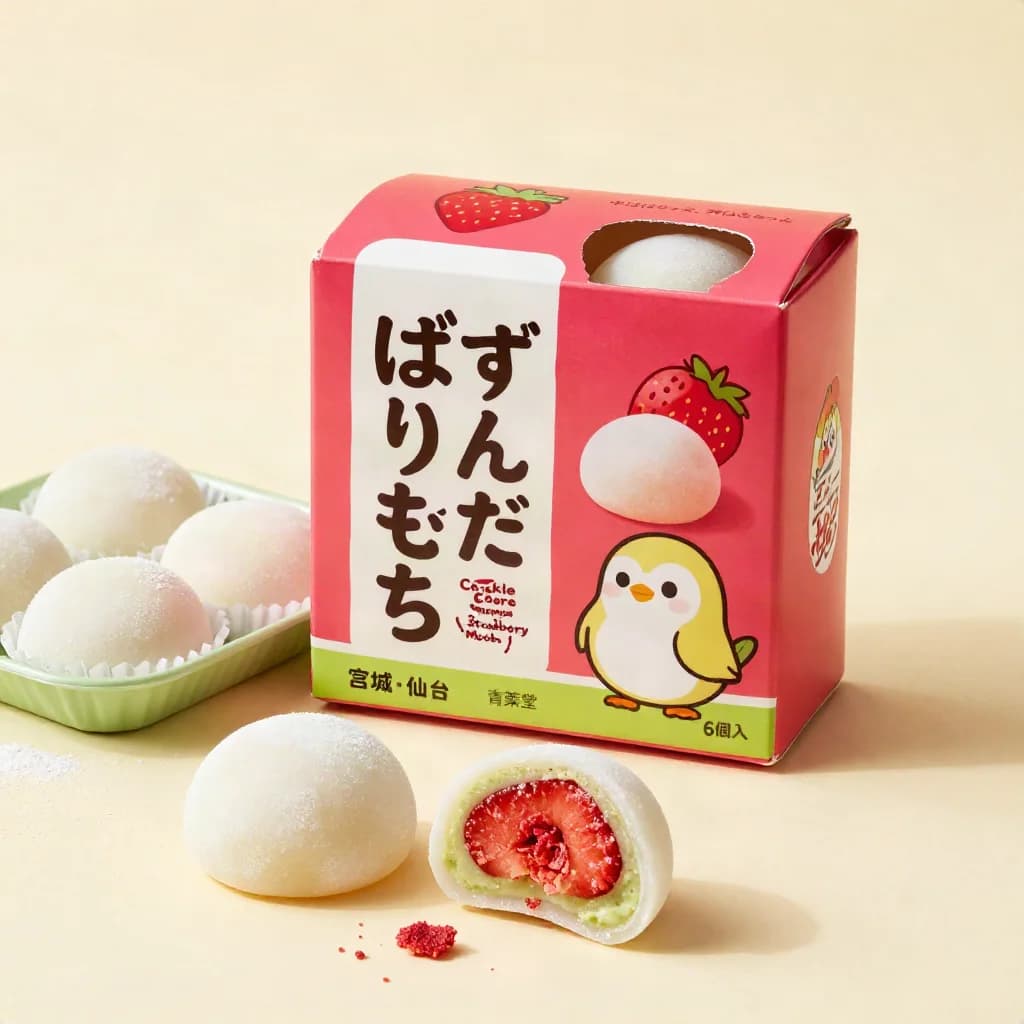 Crackle Core Zunda Strawberry Mochi (ぱりもち ずんだ苺) — packshot rendered by Z-Image Turbo