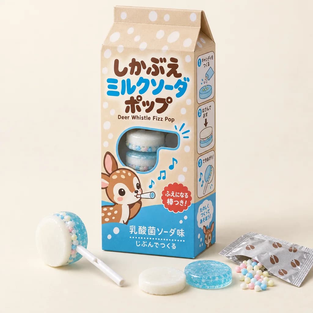 Deer Whistle Fizz Pop (しかぶえミルクソーダポップ) — packshot rendered by GPT Image 2.5 Sunburst