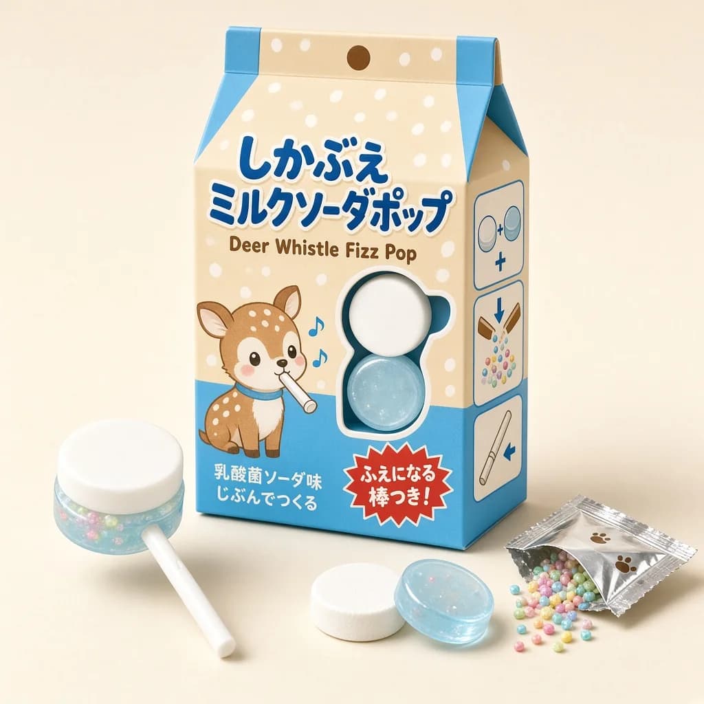Deer Whistle Fizz Pop (しかぶえミルクソーダポップ) — packshot rendered by Grok Imagine 2.0