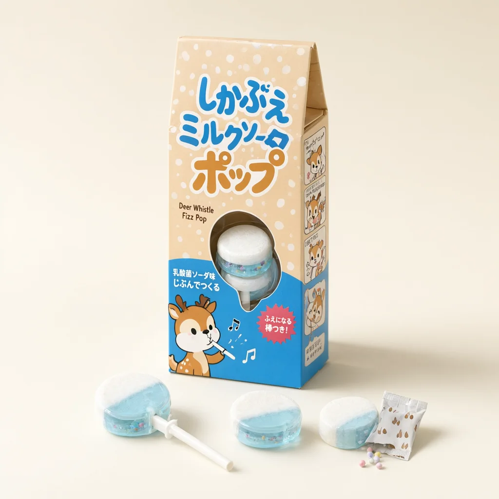 Deer Whistle Fizz Pop (しかぶえミルクソーダポップ) — packshot rendered by Qwen Image 3