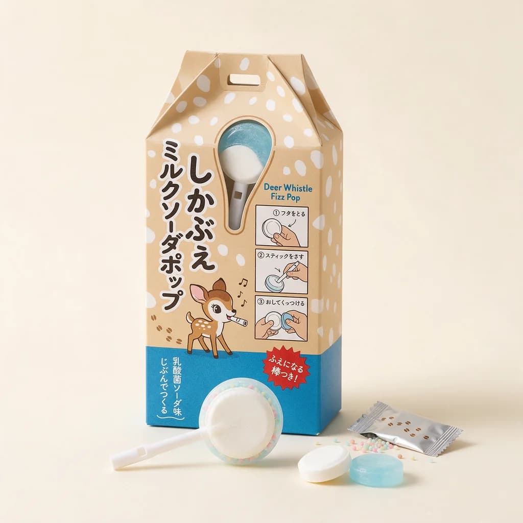Deer Whistle Fizz Pop (しかぶえミルクソーダポップ) — packshot rendered by Seedream 5.0 Pro