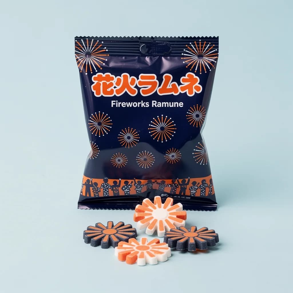 Fireworks Ramune (花火ラムネ) — packshot rendered by FLUX 2 Pro