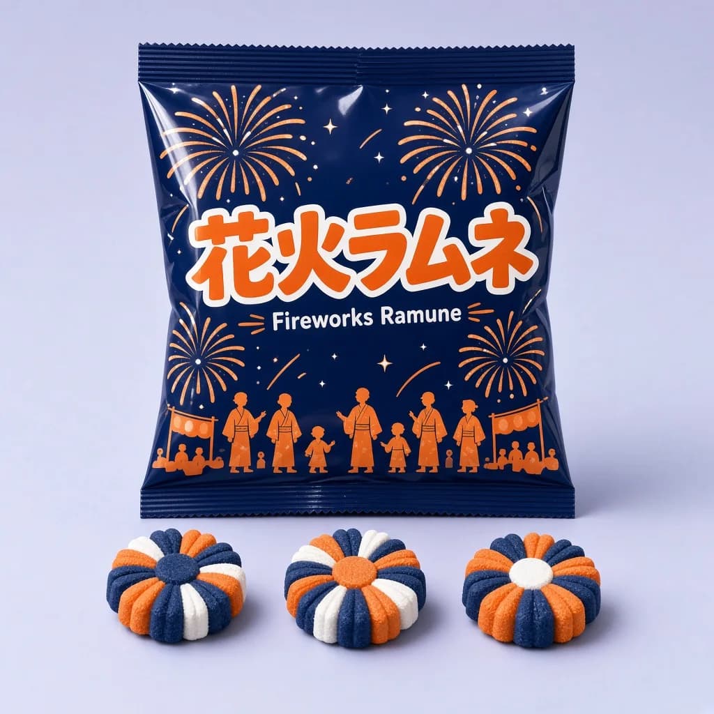 Fireworks Ramune (花火ラムネ) — packshot rendered by Grok Imagine 2.0