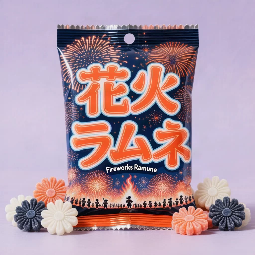 Fireworks Ramune (花火ラムネ) — packshot rendered by HunyuanImage 3