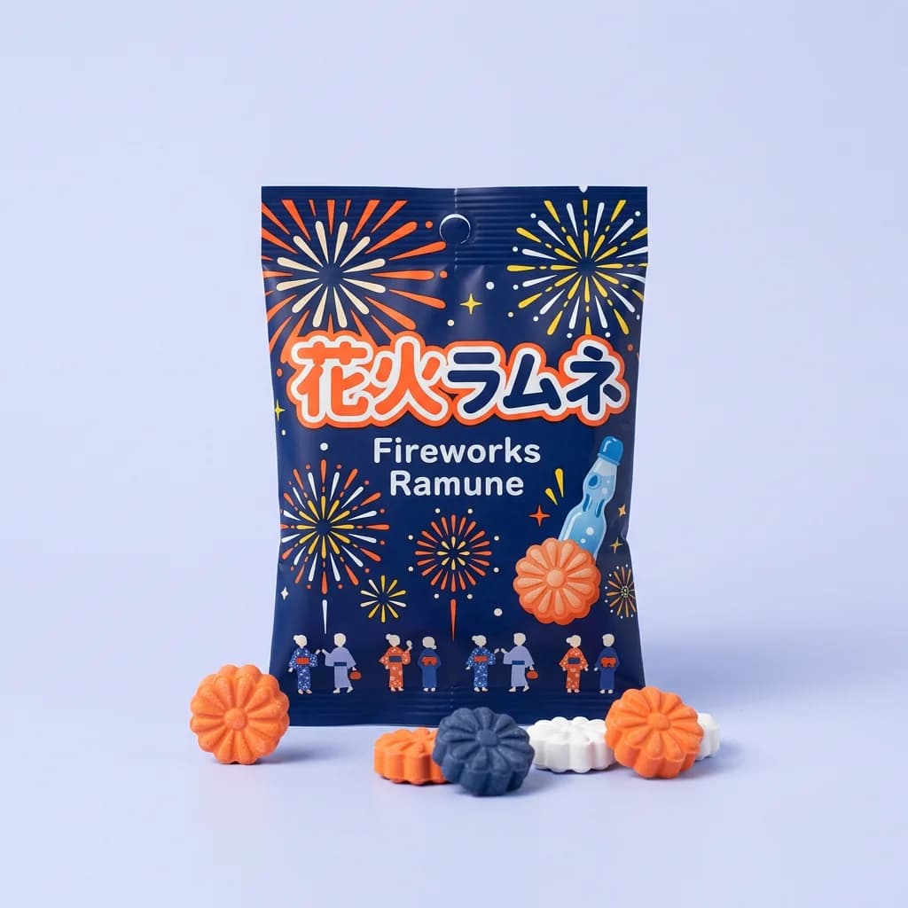 Fireworks Ramune (花火ラムネ) — packshot rendered by Nano Banana 2