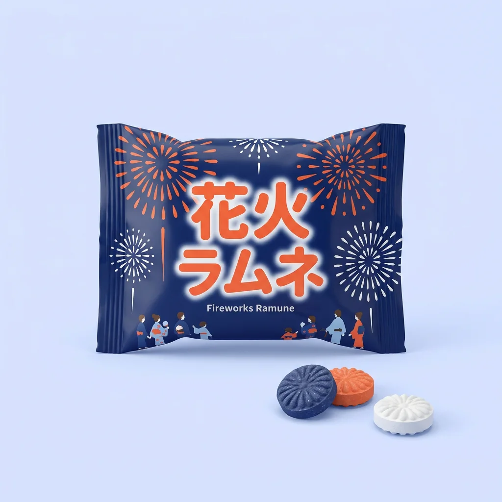 Fireworks Ramune (花火ラムネ) — packshot rendered by Nano Banana Pro
