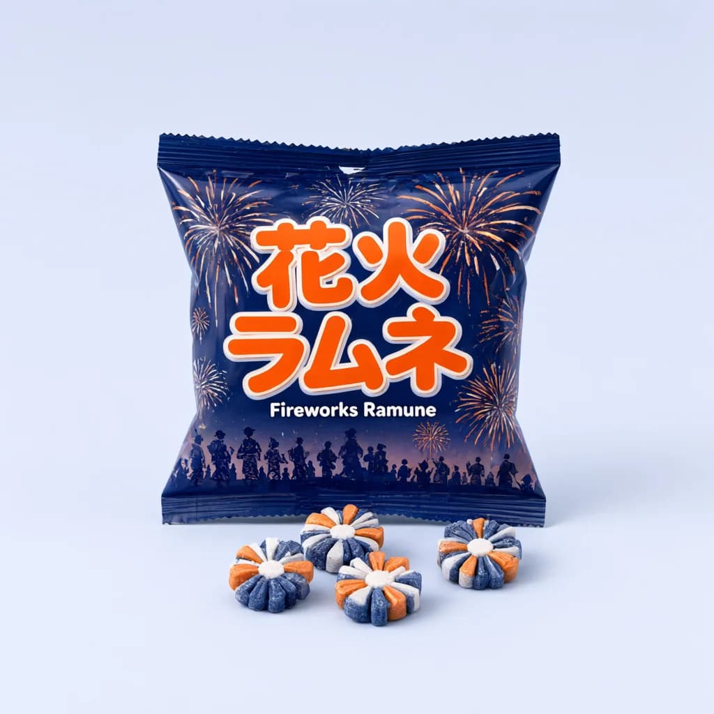 Fireworks Ramune (花火ラムネ) — packshot rendered by Qwen Image 3