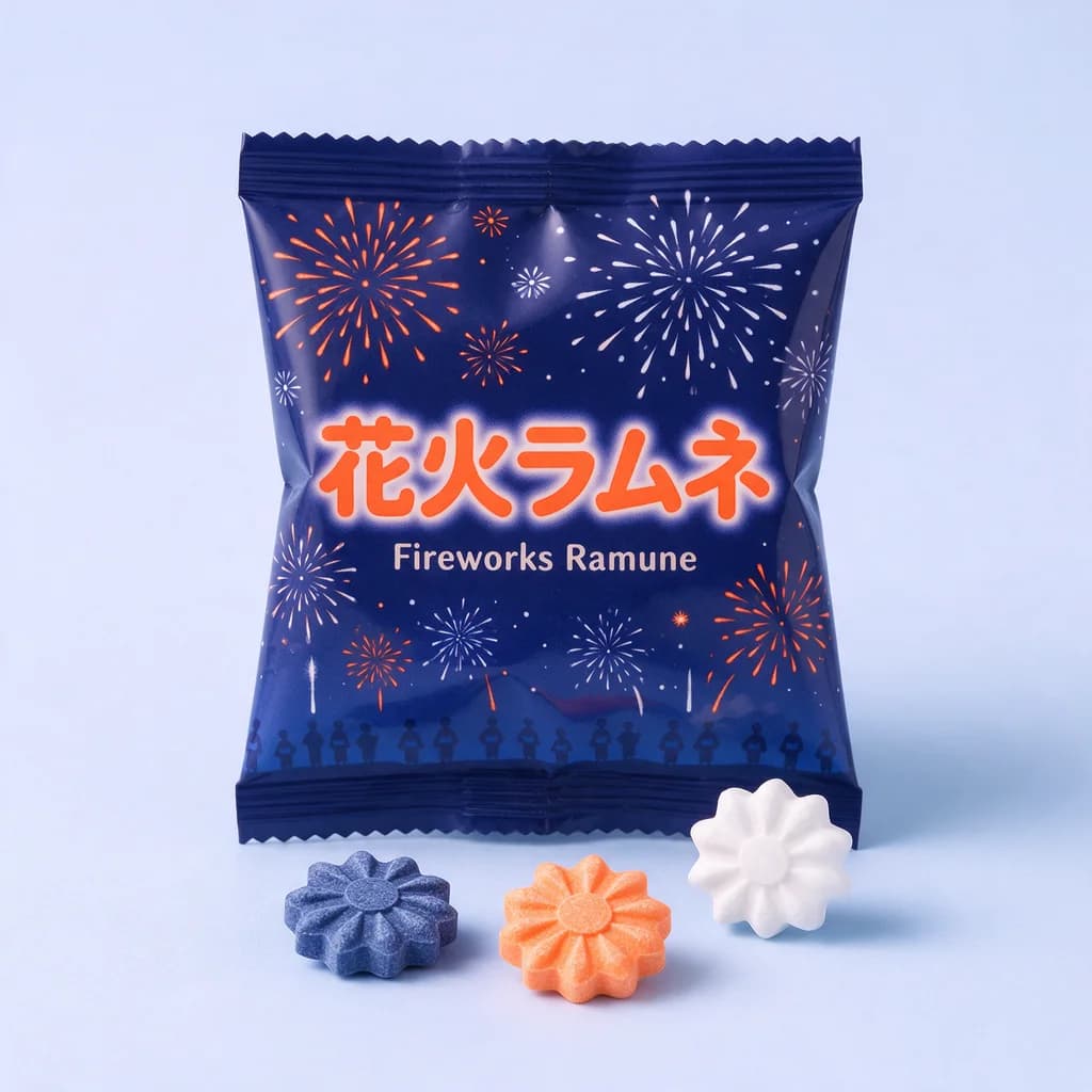 Fireworks Ramune (花火ラムネ) — packshot rendered by Seedream 5.0 Pro