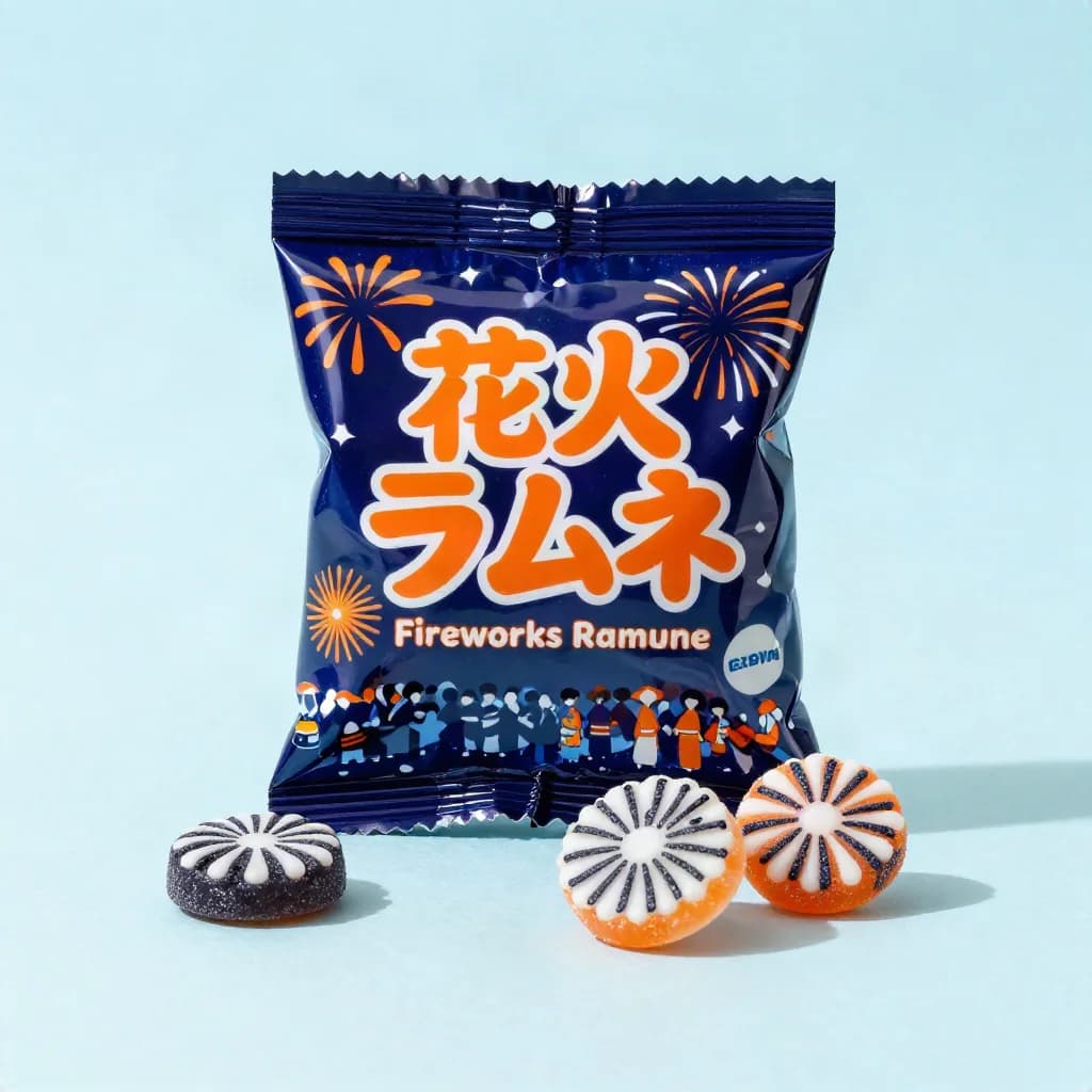 Fireworks Ramune (花火ラムネ) — packshot rendered by Z-Image Turbo