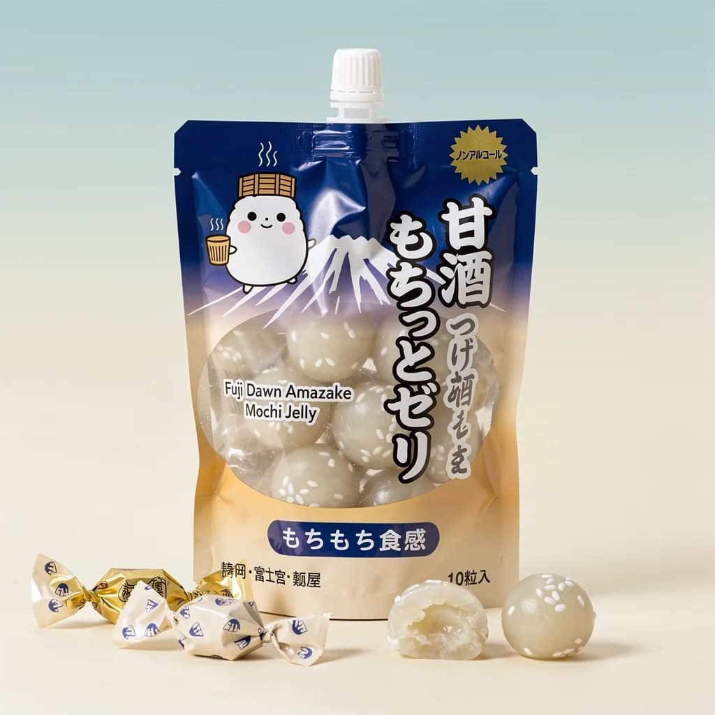 Fuji Dawn Amazake Mochi Jelly (甘酒もちっとゼリー) — packshot rendered by FLUX 2 Pro