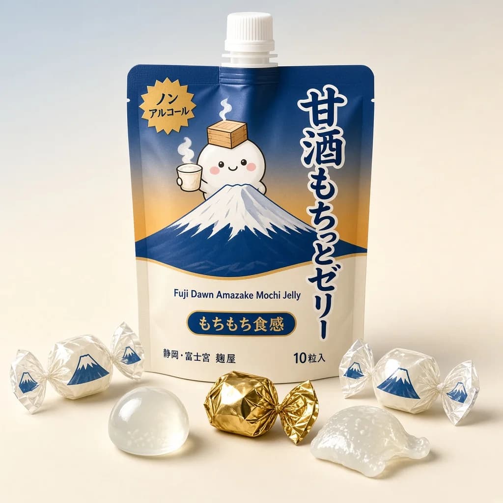 Fuji Dawn Amazake Mochi Jelly (甘酒もちっとゼリー) — packshot rendered by Grok Imagine 2.0