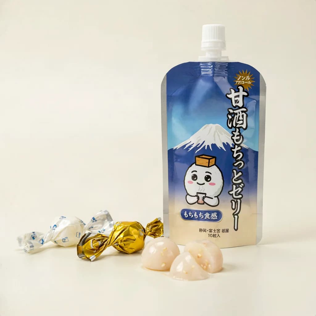 Fuji Dawn Amazake Mochi Jelly (甘酒もちっとゼリー) — packshot rendered by Ideogram V4