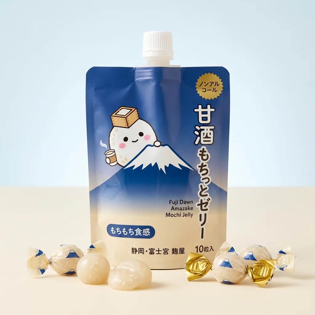 Fuji Dawn Amazake Mochi Jelly (甘酒もちっとゼリー) — packshot rendered by Nano Banana 2