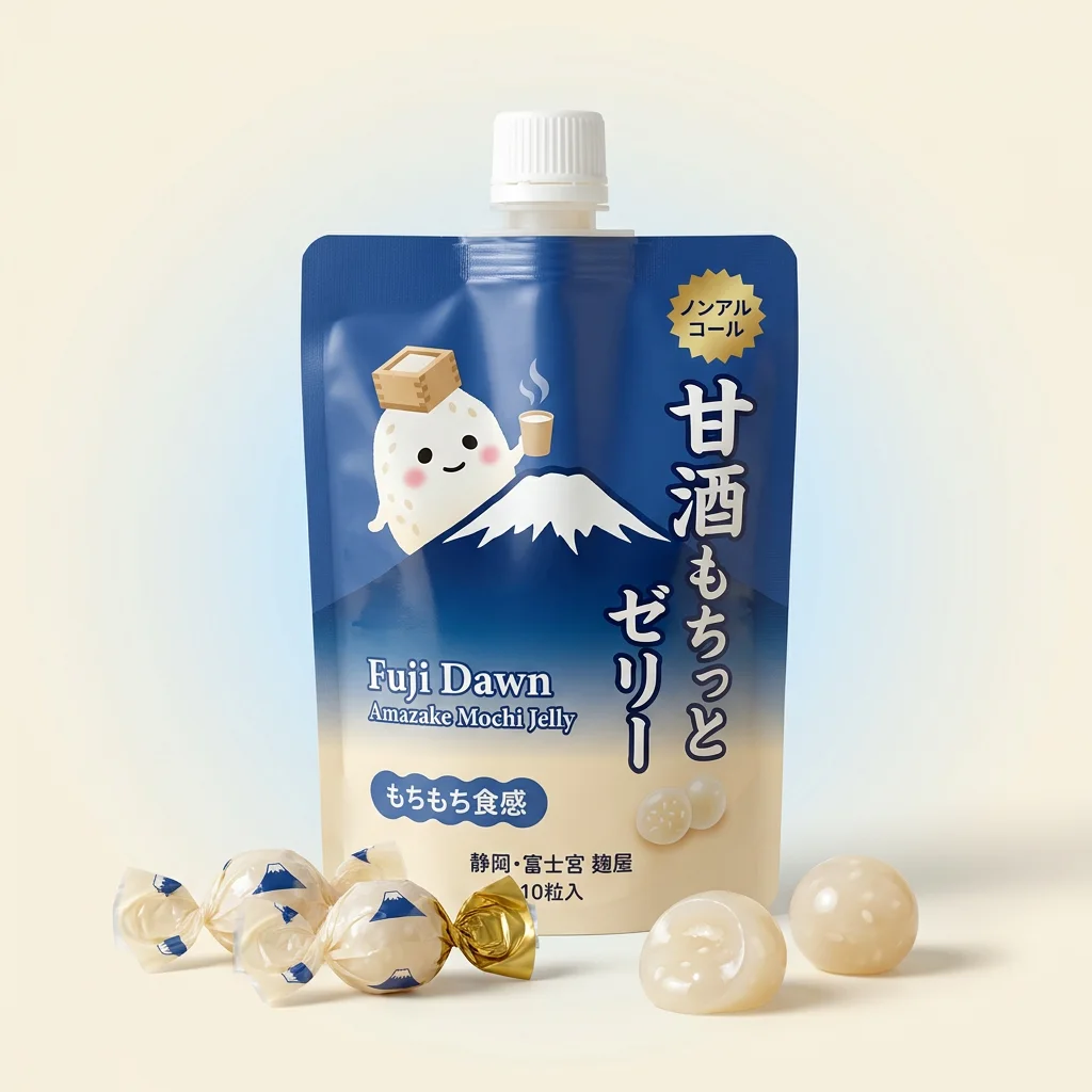 Fuji Dawn Amazake Mochi Jelly (甘酒もちっとゼリー) — packshot rendered by Nano Banana Pro