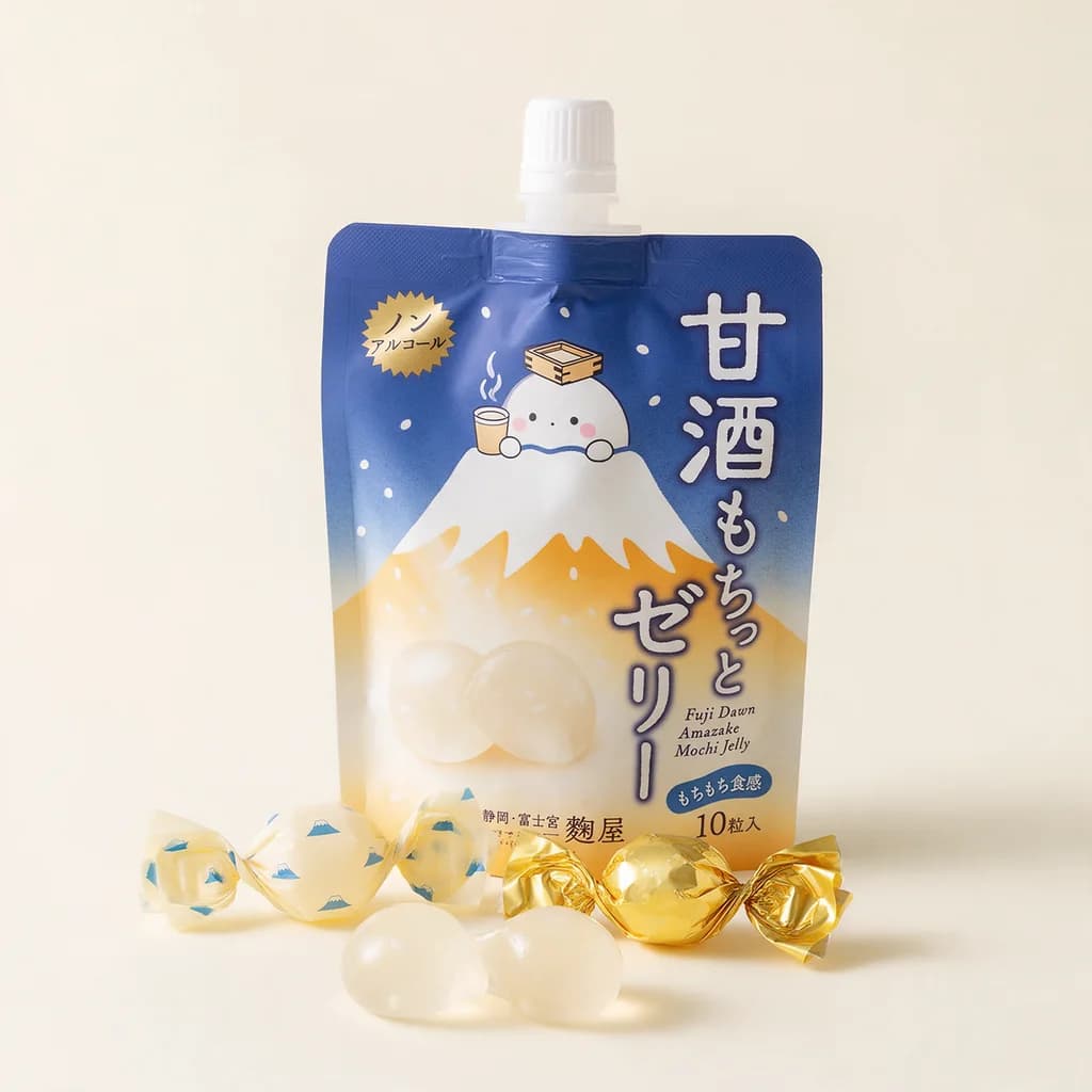 Fuji Dawn Amazake Mochi Jelly (甘酒もちっとゼリー) — packshot rendered by Seedream 5.0 Pro