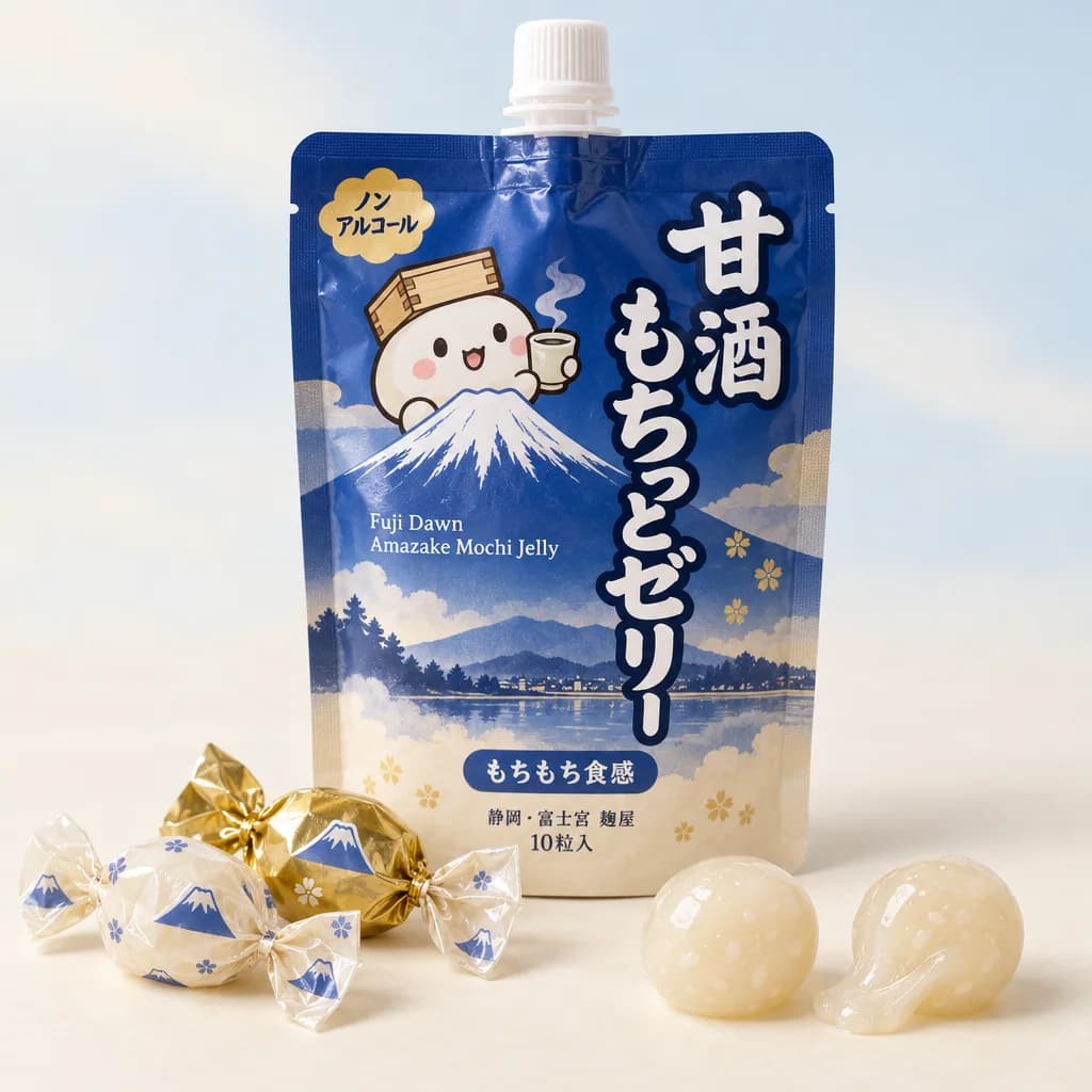 Fuji Dawn Amazake Mochi Jelly (甘酒もちっとゼリー) — package with a few pieces of the candy in front