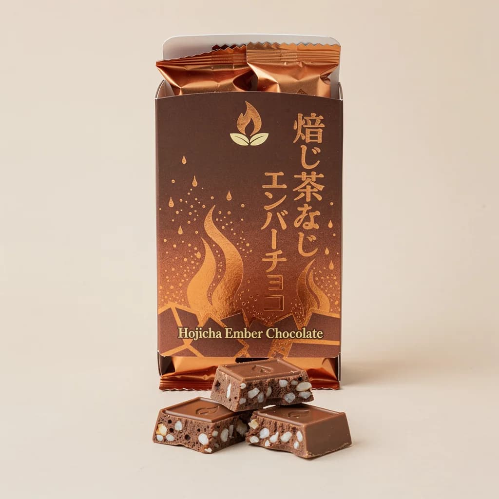 Hojicha Ember Chocolate (焙じ茶エンバーチョコ) — packshot rendered by FLUX 2 Pro