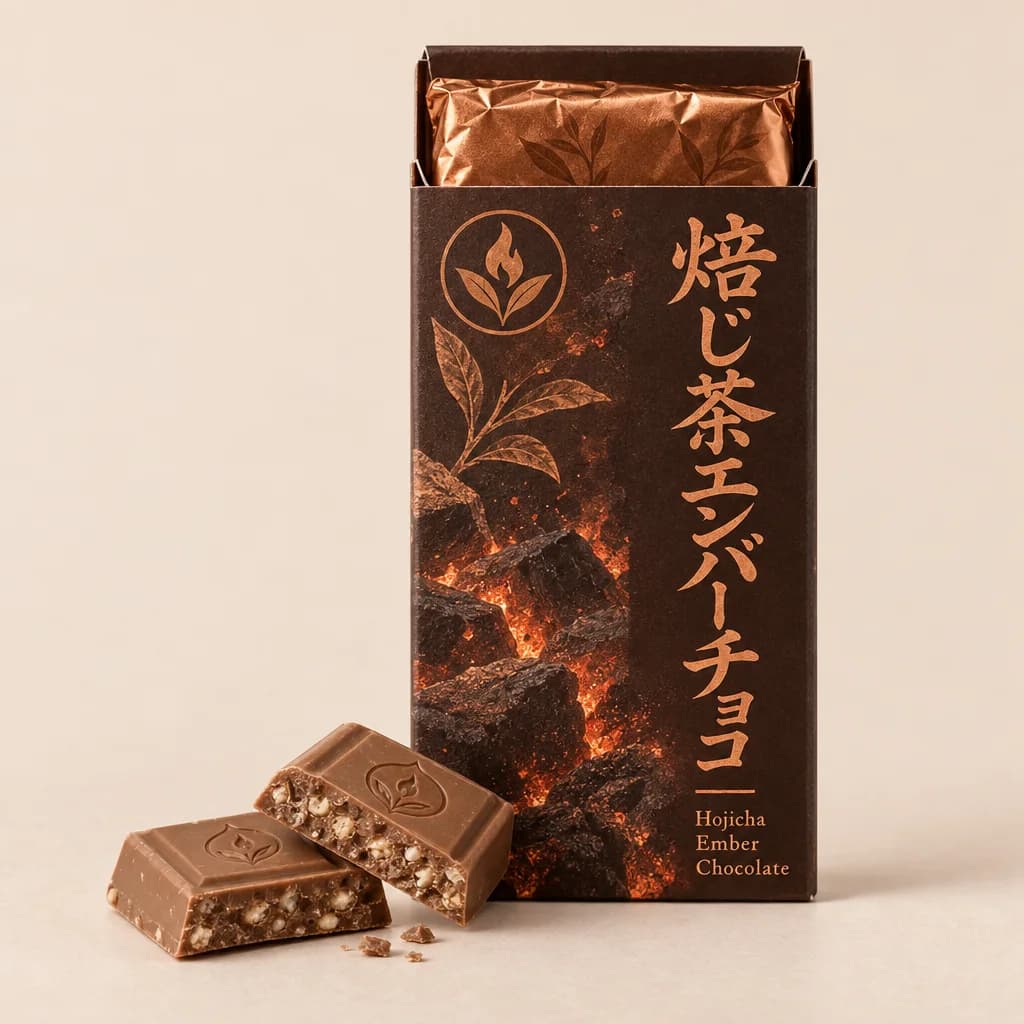 Hojicha Ember Chocolate (焙じ茶エンバーチョコ) — packshot rendered by GPT Image 2.5 Sunburst