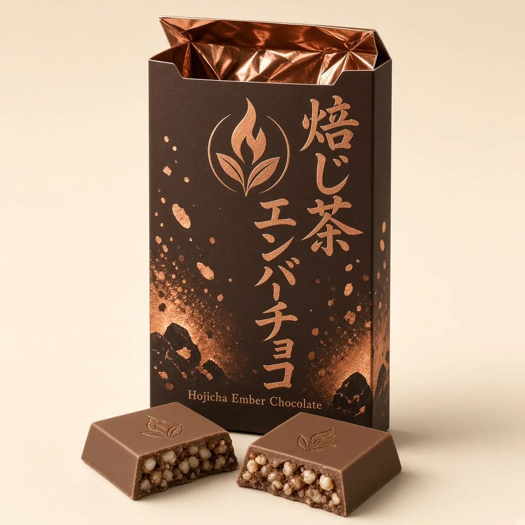 Hojicha Ember Chocolate (焙じ茶エンバーチョコ) — packshot rendered by Grok Imagine 2.0