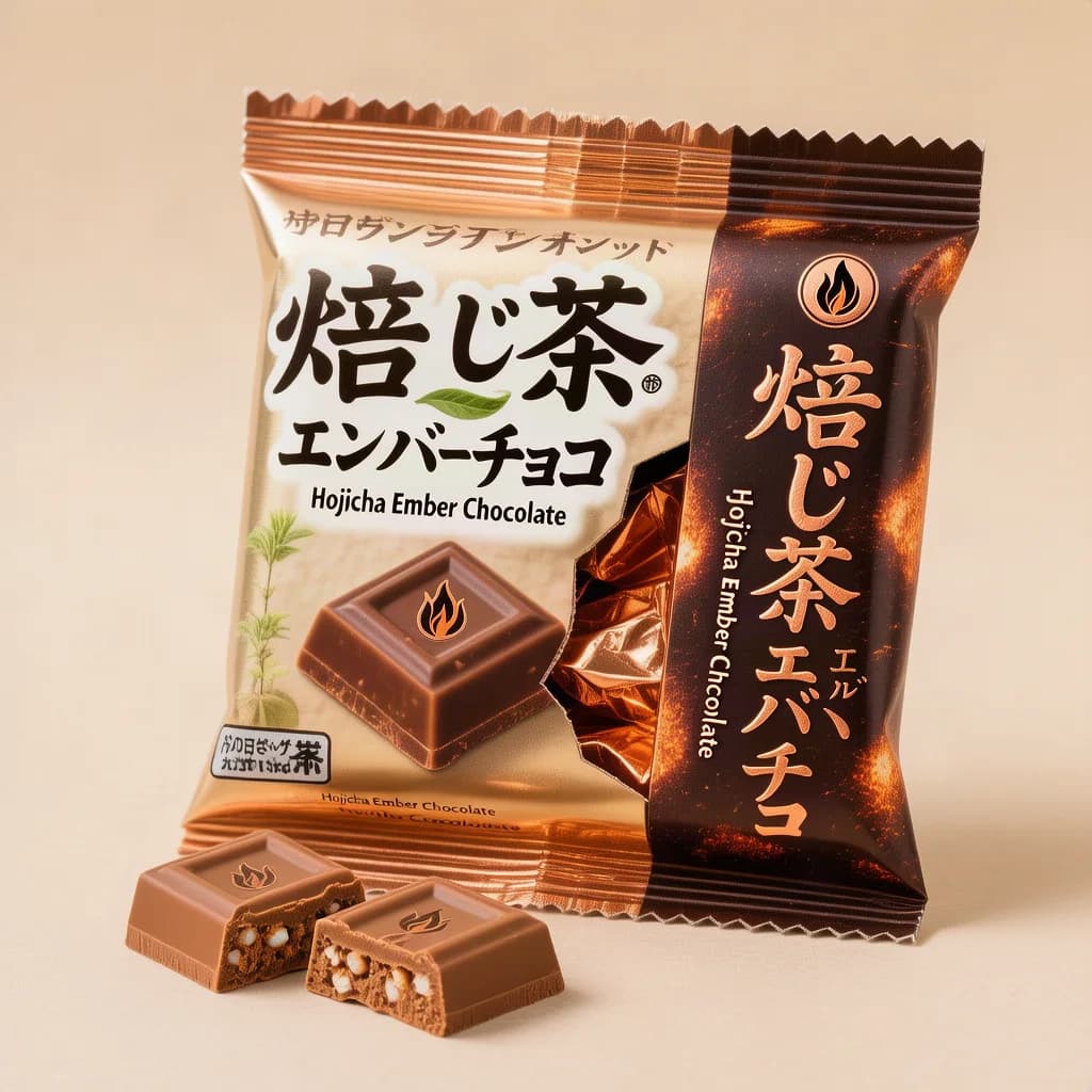 Hojicha Ember Chocolate (焙じ茶エンバーチョコ) — packshot rendered by HunyuanImage 3