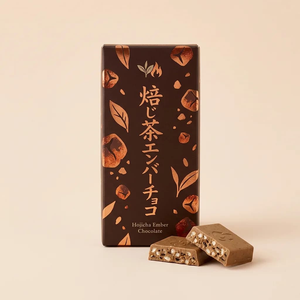 Hojicha Ember Chocolate (焙じ茶エンバーチョコ) — packshot rendered by Nano Banana 2