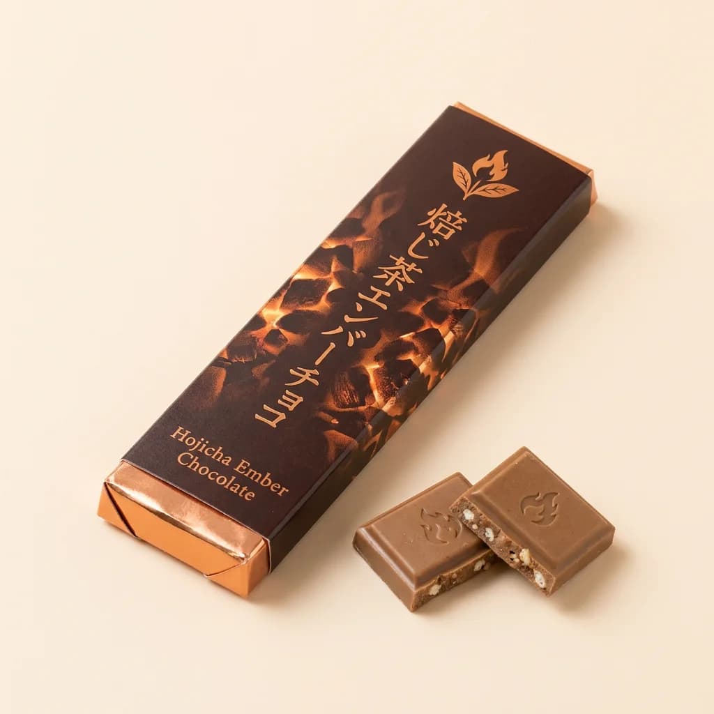 Hojicha Ember Chocolate (焙じ茶エンバーチョコ) — packshot rendered by Nano Banana Pro