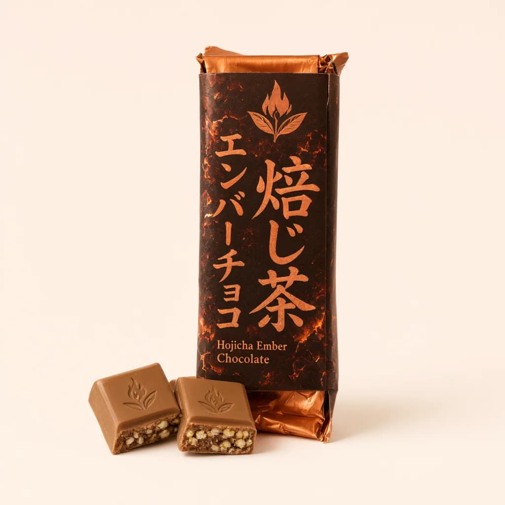 Hojicha Ember Chocolate (焙じ茶エンバーチョコ) — packshot rendered by Qwen Image 3