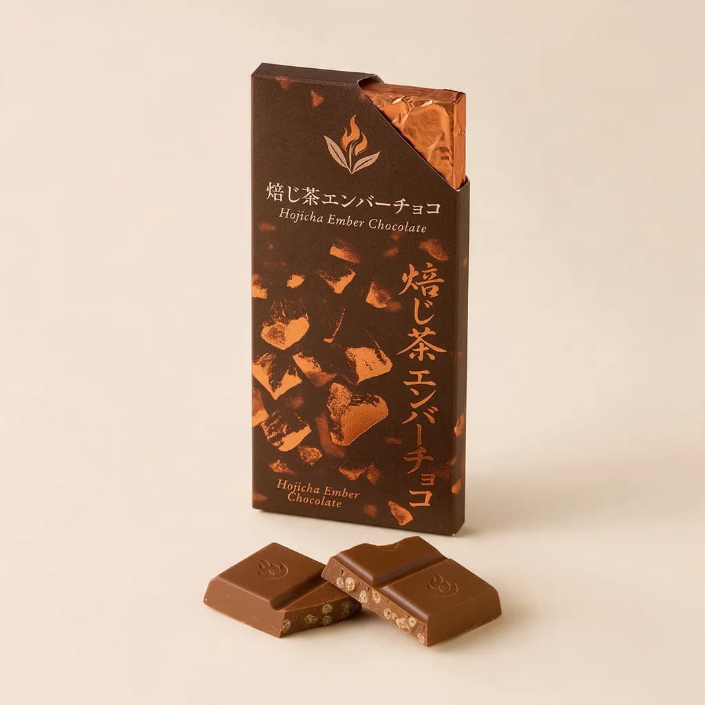 Hojicha Ember Chocolate (焙じ茶エンバーチョコ) — packshot rendered by Seedream 5.0 Pro