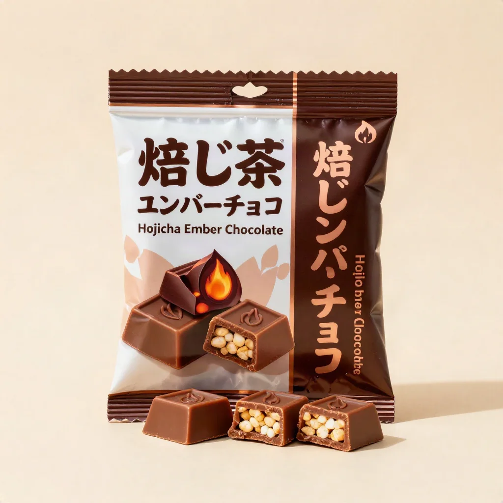 Hojicha Ember Chocolate (焙じ茶エンバーチョコ) — packshot rendered by Z-Image Turbo